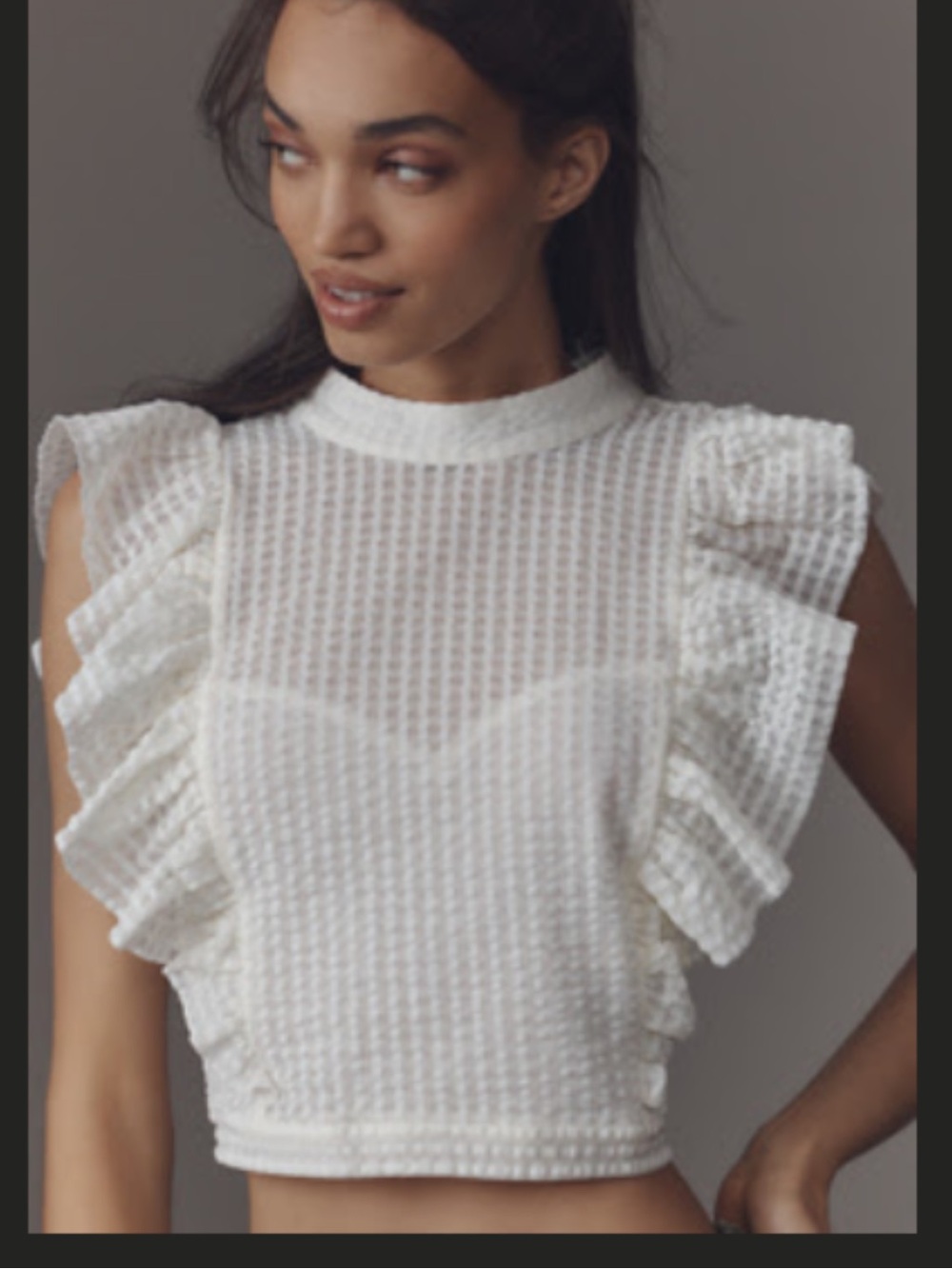 Anthropologie White Ruffle Sleeve Crop Top